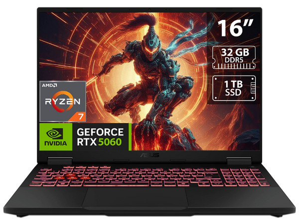 Laptop Gamer ASUS TUF Gaming A16: Procesador AMD Ryzen 7 260 (hasta 5.1 GHz), Memoria de 32GB DDR5, SSD de 1TB, Pantalla de 16" LED (1920 x 1200), 165Hz,Video NVIDIA GeForce RTX 5060, S.O. Windows 11 Home, Teclado en Inglés.