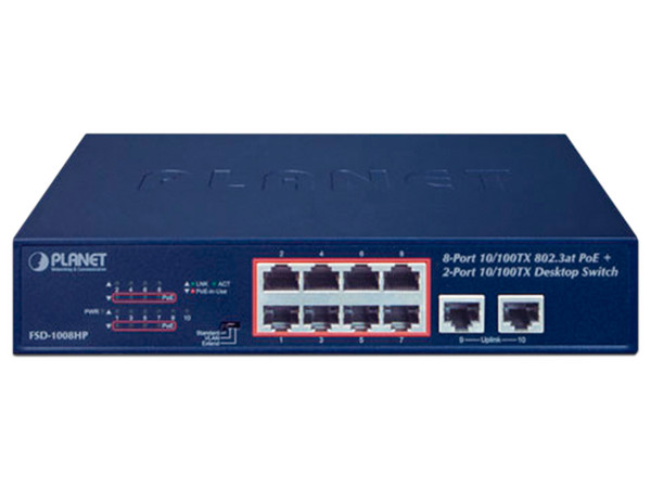 Switch Planet FSD1008HP, No Administrable, de 8 puertos RJ-45 Gigabit LAN 10/100Mbps, 2 puertos Uplink.