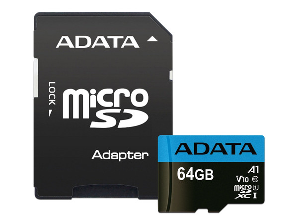 Memoria ADATA Premier MicroSD XC I de 64GB, Clase 10, A1, incluye adaptador SD.