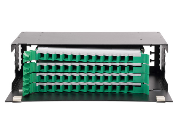 Distribuidor de Fibra Óptica LinkedPro deslizable, con 48 adaptadores LC Duplex/LC Simplex o 48 SC Simplex, 3U, Color Negro.