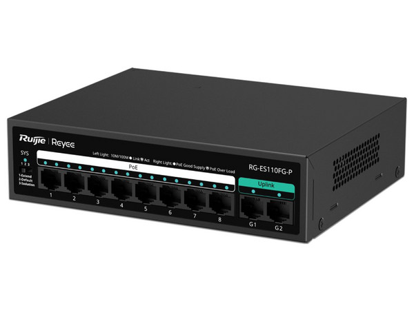 Switch Ruijie RG-ES110FG-P de 8 puertos PoE+ de 10/100 Mbps, 2 puertos de 10/100/1000 Mbps, Protección Eléctrica de 4KW. - imagen 2