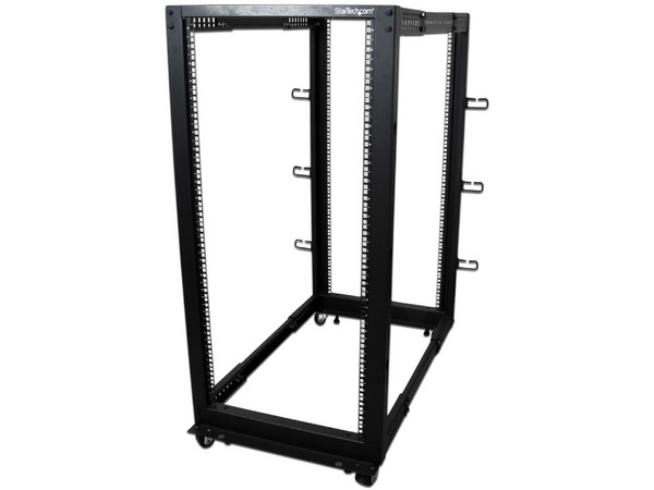 Rack de marco abierto con profundidad ajustable de 4 Columnas 25U con ruedas / niveladores y anillas de gestión de cableado.