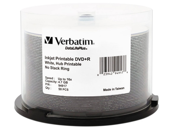Paquete de DVD+R Verbatim de 4.7GB, Imprimible con Inyección, 50 Piezas.