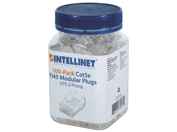 Plugs RJ-45 Intellinet, Cat 5e, UTP, Terminal de 2 puntas para cable multifilar, bote con 100 piezas.