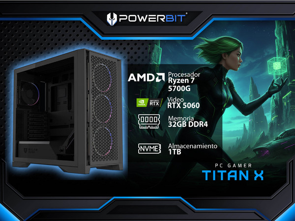 PC Gamer Powerbit Titan X: 
Procesador AMD Ryzen 7 5700G (hasta 4.6 GHz), 
Memoria 32GB,
SSD de 1TB, WI-FI 5 , Bluetooth 5.0,
Video NVIDIA GeForce RTX 5060, 
Fuente 80 PLUS GOLD,
S.O. Windows 11 Home (Versión de Prueba),
Incluye 4 Ventiladores RGB.