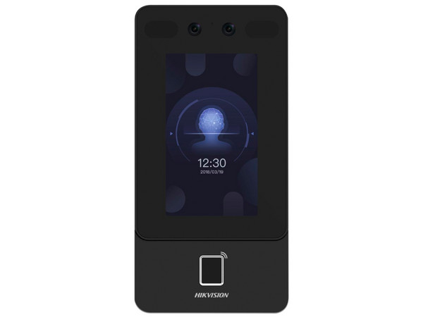 Terminal Hikvision Min Moe de reconocimiento facial y huella con lector MIFARE, exterior IP65, Hasta 1.5 mts en lectura de rostro, Soporta P2P, 1,500 Rostros, 3,000 huellas, Salida 12 Vcd para chapa, PoE.