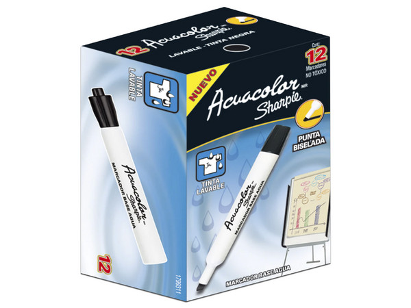 Paquete de Marcadores Sharpie Acuacolor, Tinta base de Agua, Color Negro, 12 Piezas.