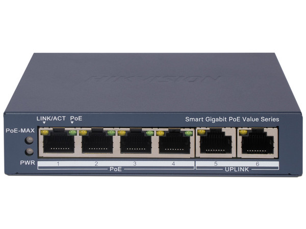 Switch Gigabit PoE+ Administrable Hikvision DS-3E1506P-EI/M, 4 Puertos PoE+ 1000Mbps, 2 Puertos Uplink 1000Mbps, Configuración Nube, Modo Extendido hasta 300m.