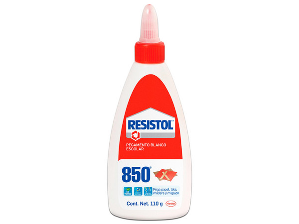 Pegamento Blanco Resistol 850 de 110 gramos es un adhesivo líquido escolar no tóxico, de gran fuerza de adhesión y secado transparente, ideal para materiales como madera, papel, cartón, cerámica, tela, foamy y corcho.