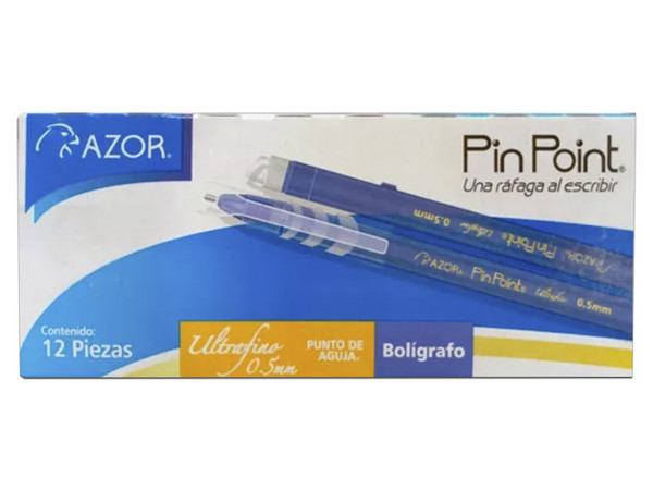 Bolígrafo Azor Pin Point UltraFino de punta aguja fina de 0.5 mm, color azul. Paquete con 12 piezas