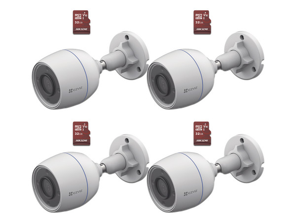 Kit de Cámaras EZVIZ CSH3C/KM4, Incluye 4 Cámaras EZVIZ CS-H3C de 2MP y 4 Memorias MicroSD Hiksemi de 32GB.