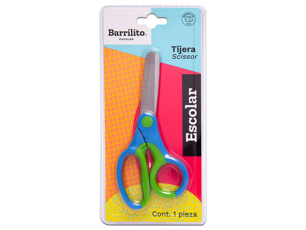 Tijera Escolar Multi Propósitos Barrilito de Acero Inoxidable, Punta Roma, Color Azul/Verde.