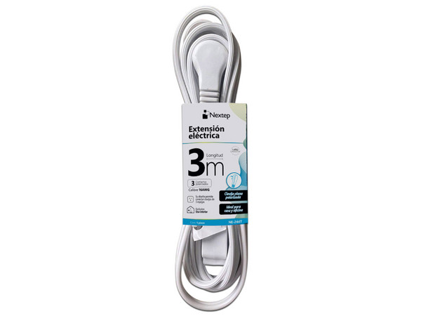 Extensión Eléctrica Nextep para Casa/Oficina, Clavija Plana, 3M, Color Blanco.