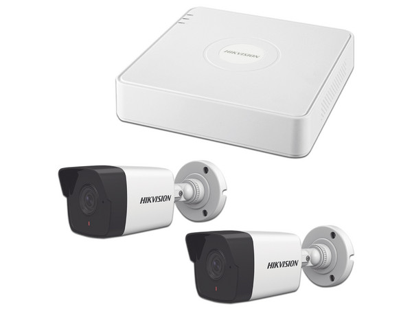 NVR Hikvision DS-7104NI-Q1/4P(C) de 2 MP, 4 canales Ethernet, Salida de video HDMI (4K), VGA, no incluye disco duro, Color Blanco. Incluye 2 Cámaras IP tipo bala.