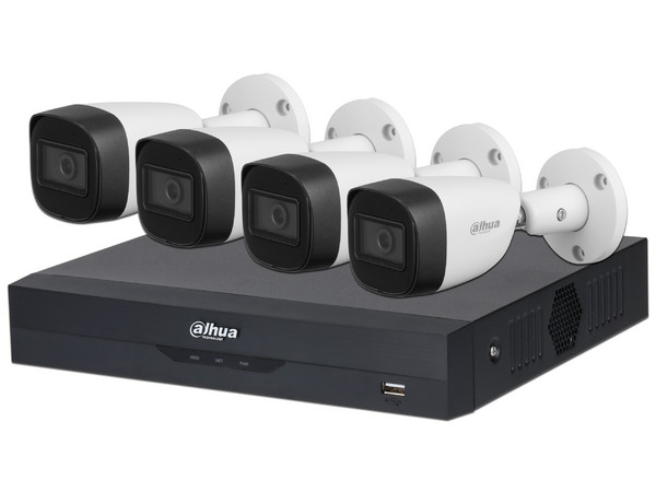 Kit de Videovigilancia Dahua KITXVR5104HS con 1 DVR de 4 canales, 4 Cámaras Dahua HFW1500CM-A, 4 rollos de cable siamés, 1 fuente de poder. (No Incluye Disco Duro).