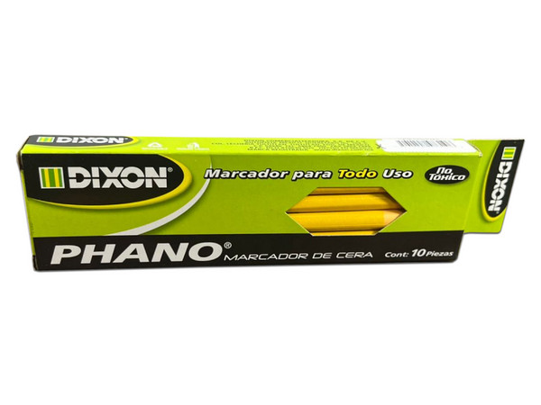 Marcador de Cera Dixon Phano Amarillo. Caja con 10 piezas, escritura suave y duradera, ideal para diversas superficies.