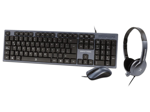 Teclado, Mouse y Audífonos Perfect Choice Combo para Oficina PC-201700 , USB, 3.5mm. Color Gris. (Teclado Versión en Español).