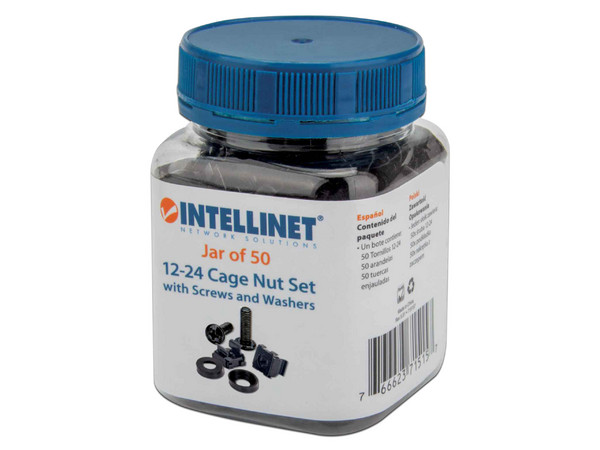 Paquete de 50 Tornillos Intellinet con tuercas y arandelas enjauladas para rack.