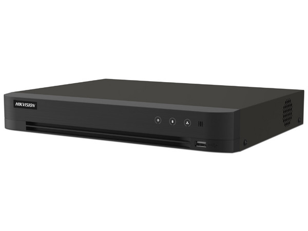 DVR Hikvision IDS-7216HUHI-M1/T de 16 Canales TurboHD + 16 Canales IP de hasta 8MP, Audio por Coaxitron, Bahía de Disco Duro(No Incluido), H.265+, ACUSENSE. Color Negro.