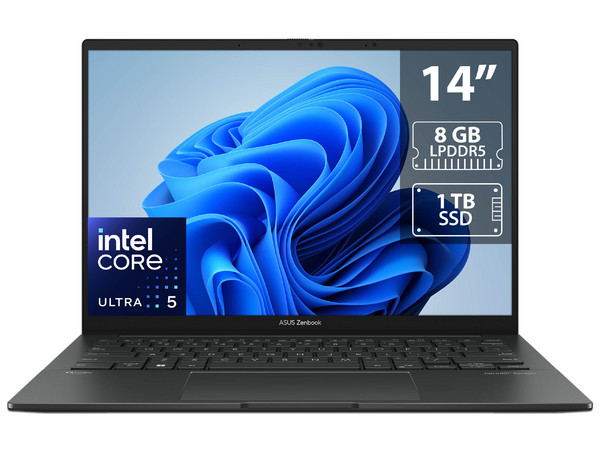 Laptop ASUS Zenbook 14: Procesador Intel Core Ultra 5 125H (hasta 4.5 GHz), Memoria de 8GB LPDDR5, SSD de 1TB, Pantalla de 14" LED Multi-Touch, Video Intel Arc Graphics, S.O. Windows 11 Home (64 Bits), Teclado Versión en Inglés.