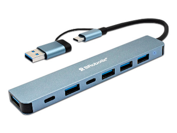 Hub USB BRobotix 6005446, USB A (Macho) a 5 x USB-A (Hembra) y 2 x Type-C, Color Plata.