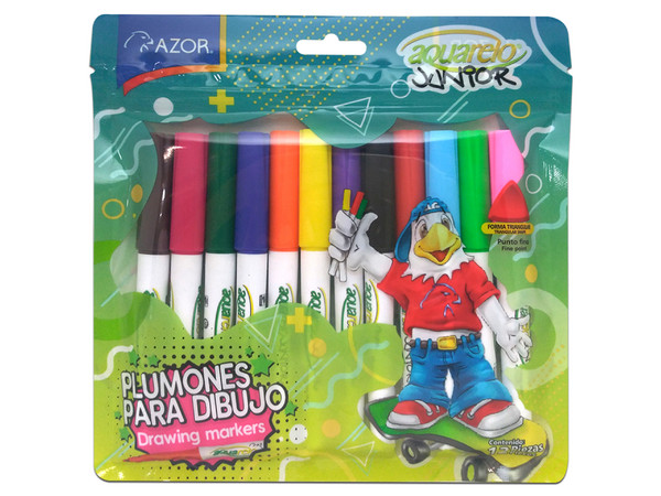 Marcadores Azor Aquarelo Junior, Punto Fino, Tinta Base Agua, 12 piezas. Colores Surtidos.