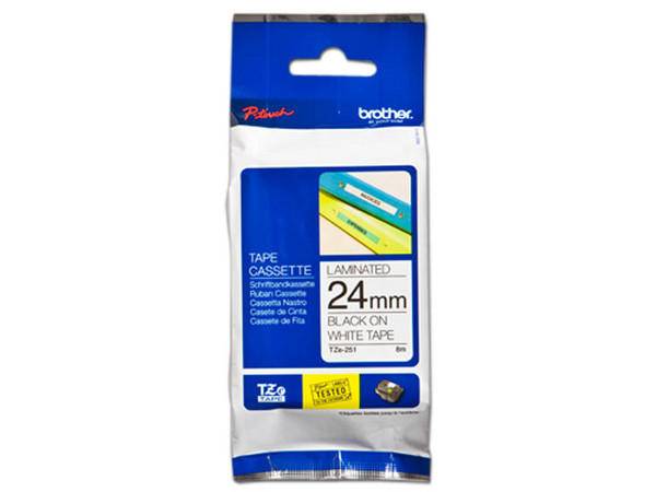 Cinta Brother TZE251, blanco sobre negro para impresoras PT-330, PT-520, PT-540, PT-1400, PT-2200.