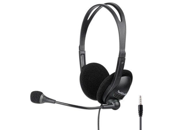 Diadema TechZone con micrófono, conector 3.5mm, ideal para llamadas y videoconferencias.