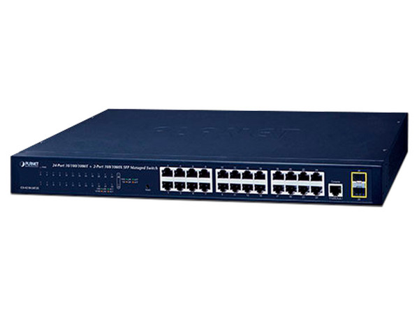Switch Conmutador de Red Gigabit Ethernet Planet con 24 Puertos RJ-45 y 2 Puertos SFP, 1U.