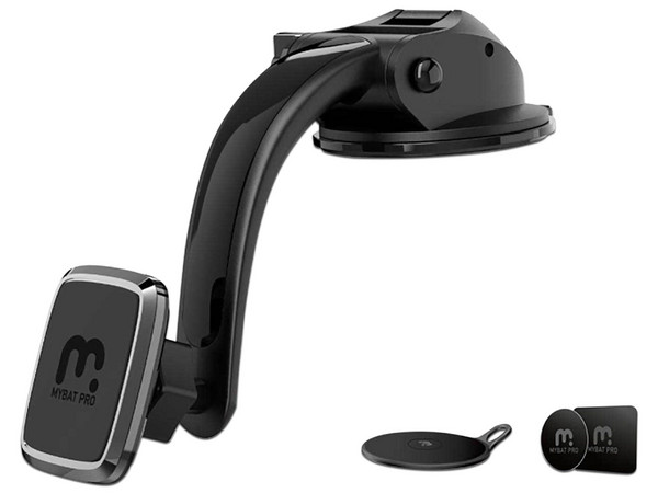 Soporte MYBAT para Auto, Ajustable Magnético Universal, Base con Succión y Gel, Articulación 360, Agarre Firme, Color Negro.