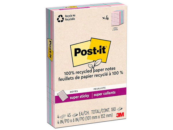 Block 3M Post-it 4621R-4SSNRP Raya Super Sticky, 4x6 Pulgadas (10.16x15.24 cm), 45 Hojas por Block, Paquete con 4 Blocks, Color Multicolor Pastel.