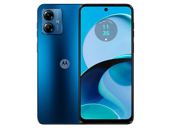 Smartphone Motorola Moto G14: 
Procesador UNISOC T616 Octa Core (hasta 2.0 GHz), 
Memoria RAM de 4GB, Almacenamiento de 128GB, 
Pantalla LED Multi-Touch de 6.5" FHD+, 
Bluetooth 5.0, Wi-Fi, 
Cámara principal de 50MP, 
Android 13. Color Azul.