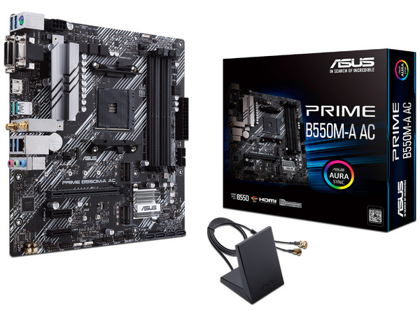 T. Madre ASUS PRIME B550M-A AC, Chipset AMD B550,Soporta: AMD Ryzen 3ra, 4ta y 5ta Generación, Socket AM4,Memoria: DDR4 4600/3866/2133 MHz, 128GB Max,Integrado: Audio HD, Red, Wi-Fi 5,USB 3.2, SATA 3.0, M.2,Micro-ATX, Ptos: 1xPCIE 4.0 x16.