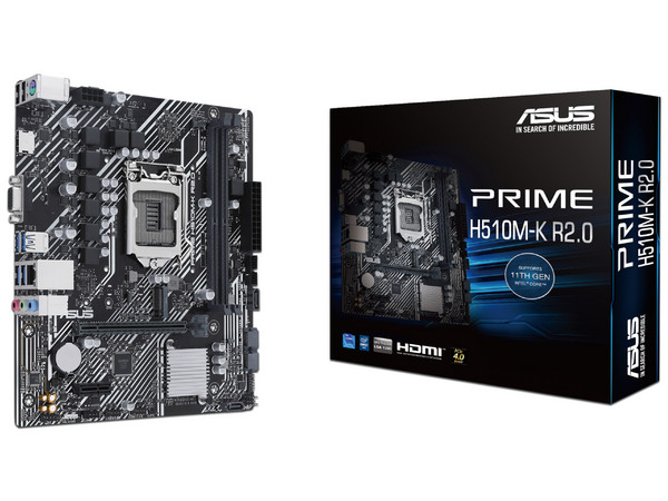 T. Madre ASUS PRIME H510M-K R2.0, Chipset Intel H510,Soporta: Core de 11va y 10ma generación, Socket 1200,Memoria: DDR4 3200(OC) / 2666 / 2133 MHz , 64GB Max,Integrado: AudioHD, Red, USB 3.0 y SATA 3.0, M.2,Micro-ATX, Ptos: 1xPCIEx16, 1xPCIEx1.