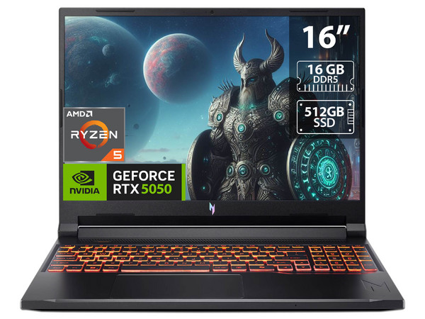 Laptop Gamer Acer Nitro V16: CPU AMD Ryzen 5 240 (hasta 5.0 GHz), Memoria de 16GB DDR5, SSD de 512GB, Pantalla de 16" LED WUXGA (1920 x 1200), 180Hz, Video NVIDIA GeForce RTX 5050 8GB, S.O. Windows 11 Home, Teclado Retroiluminado en Inglés.
