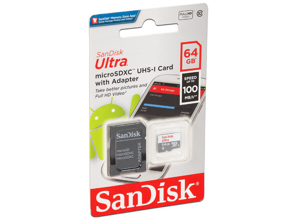 Memoria SanDisk Ultra MicroSDXC UHS-I U1 de 64 GB, Clase 10, incluye adaptador SD.