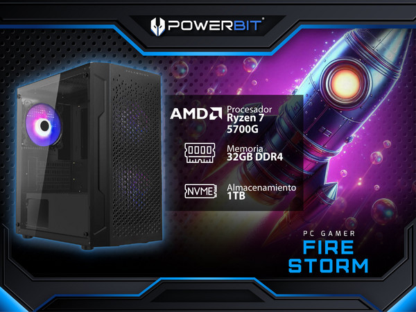 PC Gamer Powerbit Fire Storm: Procesador AMD Ryzen 7 5700G (hasta 4.6 GHz), Memoria de 32GB DDR4, SSD de 1TB, Video Radeon Graphics, S.O. Windows 11 Home (Versión de Prueba).Incluye 3 Ventiladores RGB.