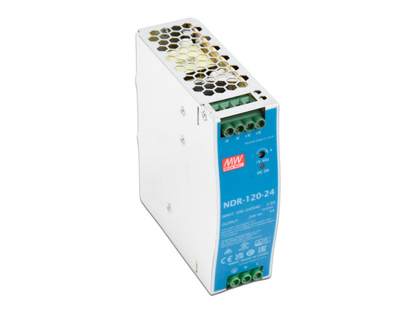 Fuente de Poder industrial MEAN WELL NDR-120-24, 120W, 24 Vcc, Montaje en Riel.