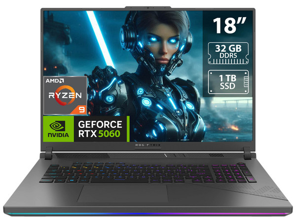 Laptop Gamer ASUS ROG Strix G18:CPU AMD Ryzen 9 8940HX (hasta 5.3 GHz),Memoria 32GB DDR5,SSD de 1TB,Pantalla de 18" LED, WQXGA (2560x1600), 3ms, 240Hz,Video NVIDIA GeForce RTX 5060 8GB, S.O. Windows 11 Home,Teclado Retroiluminado en Inglés.