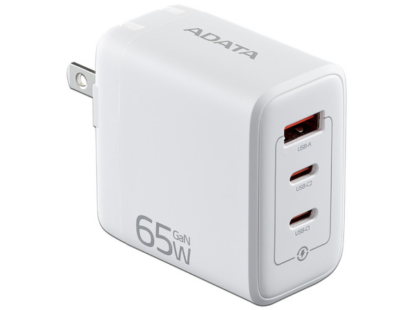 Cargador de Pared Adata Charger U de 65W, 2 puertos USB-C PD 3.0 y 1 puerto USB-A QC 3.0. Color Blanco.