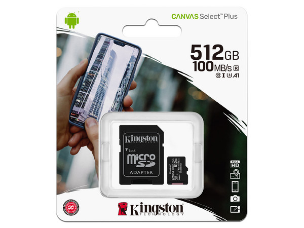 Memoria Kingston MicroSDXC UHS-I U3 Canvas Select Plus de 512GB, V30, Clase 10. Incluye adaptador.