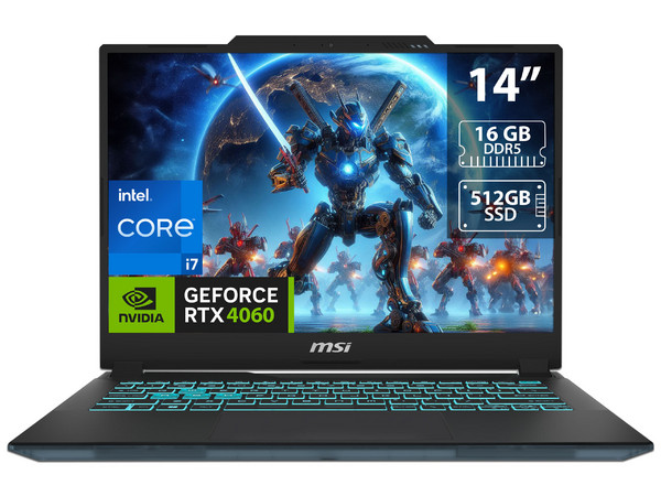 Laptop Gamer MSI Cyborg 14: Procesador Intel Core i7 13620H (hasta 4.9 GHz), Memoria de 16GB DDR5, SSD de 512GB, Pantalla de 14" LED (1920 x 1200), 144Hz,Video NVIDIA GeForce RTX 4060, S.O. Windows 11 Home, Teclado en Inglés.