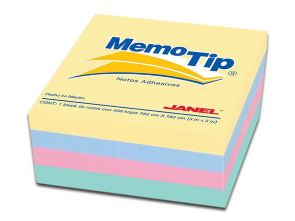 Cubo Adhesivo Removible MemoTip, 400 Hojas, Color Pastel.