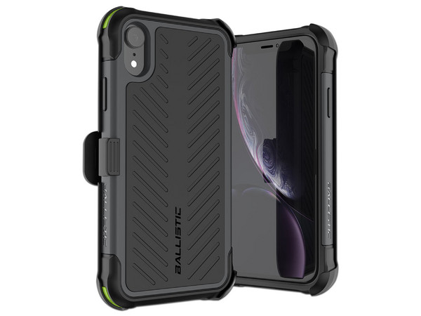 Funda Ballistic TJ Maxx para iPhone XR. Color Negro. Con clip y mica de cristal templado.