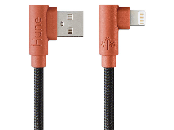 Cable de datos Hune de USB-A a Lightning, Conector de 90 grados, 1.2m. Color Naranja.