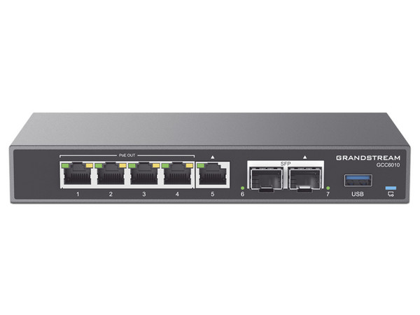 Dispositivo 4 en 1 Grandstream GCC6010, PBX IP, Firewall de última generación, Ruteador VPN y Switch, 5 puertos Gigabit 4 con PoE, WiFi-6, 2 SFP y 1 USB.