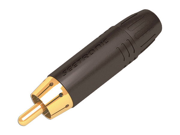 Conector Seetronic MT380, RCA Macho, Contacto enchapado en oro. Color Negro.